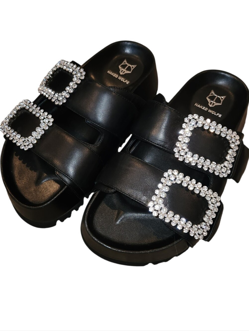 Naked Wolfe Victoria Black Leather Crystal Buckle Platform Slide Sandals Size 8